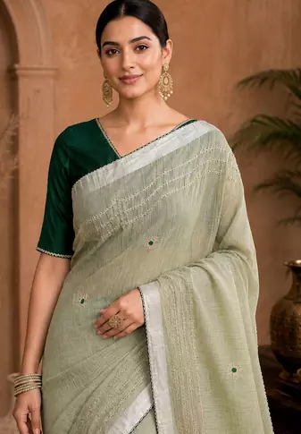 Pista-Green Embroidery Thread And Beats Work Design Fabric Soft Linen Saree With Unstitched Blouse