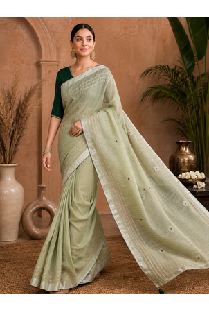 Pista-Green Embroidery Thread And Beats Work Design Fabric Soft Linen Saree With Unstitched Blouse 3