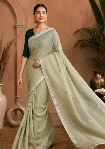 Pista-Green Embroidery Thread And Beats Work Design Fabric Soft Linen Saree With Unstitched Blouse