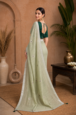 Pista-Green Embroidery Thread And Beats Work Design Fabric Soft Linen Saree With Unstitched Blouse 4