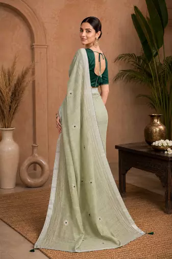 Pista-Green Embroidery Thread And Beats Work Design Fabric Soft Linen Saree With Unstitched Blouse