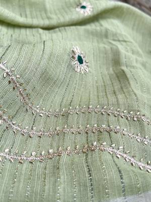 Pista-Green Embroidery Thread And Beats Work Design Fabric Soft Linen Saree With Unstitched Blouse 5