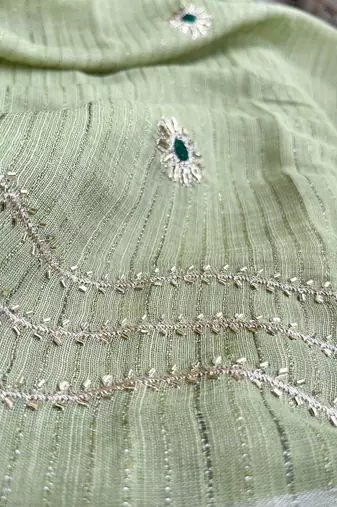 Pista-Green Embroidery Thread And Beats Work Design Fabric Soft Linen Saree With Unstitched Blouse