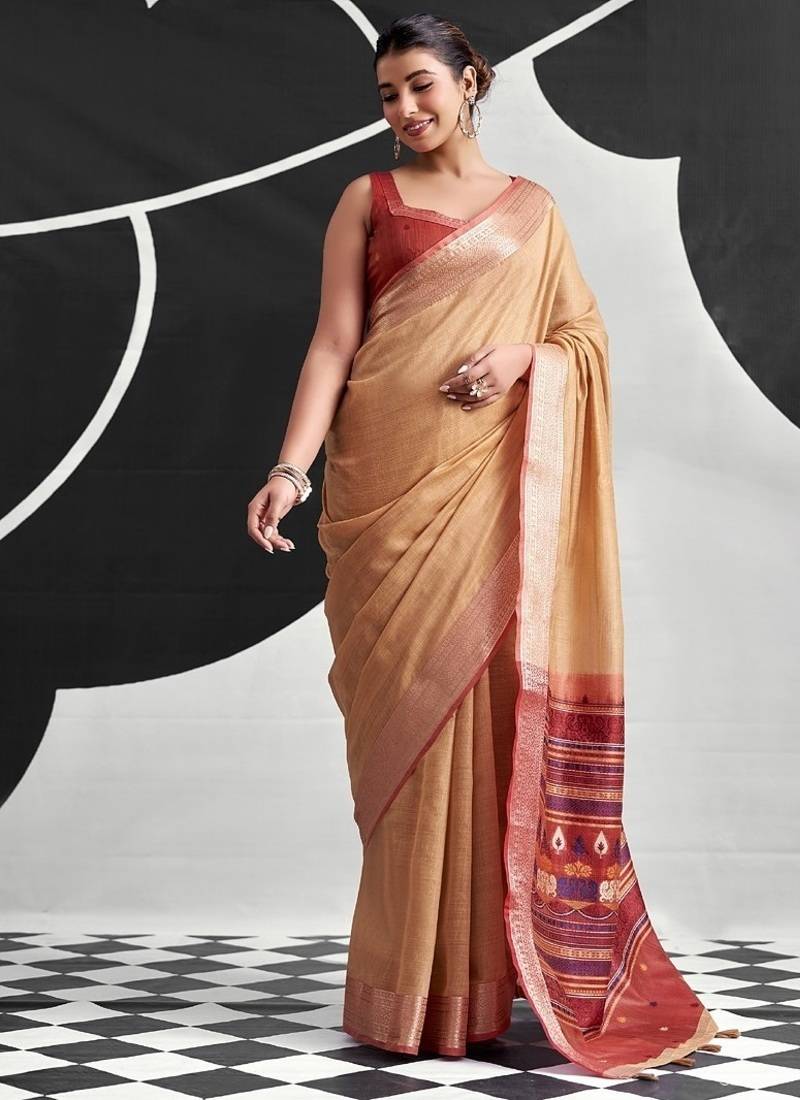 Peach soft modal cotton saree with woven pallu saree