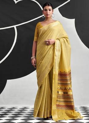 Yellow soft modal cotton saree with woven pallu saree 1