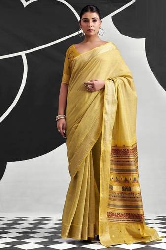 Yellow soft modal cotton saree with woven pallu saree