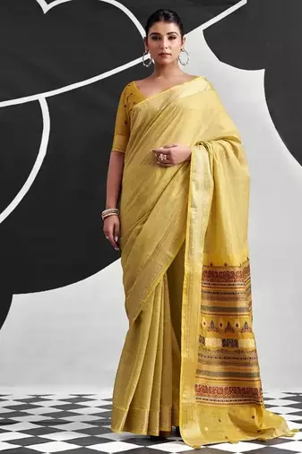 Yellow soft modal cotton saree with woven pallu saree