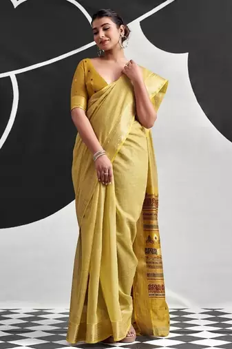 Yellow soft modal cotton saree with woven pallu saree