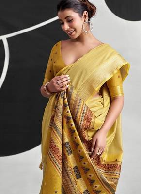 Yellow soft modal cotton saree with woven pallu saree 4