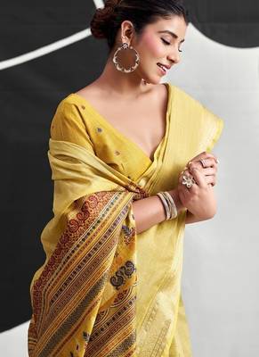 Yellow soft modal cotton saree with woven pallu saree 5