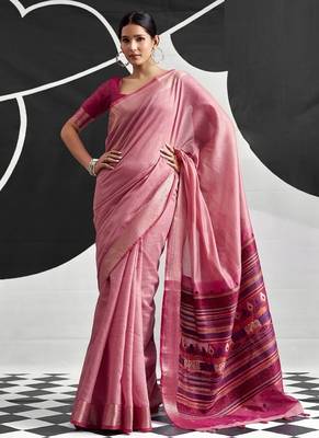 Baby pink soft modal cotton saree with woven pallu saree 1