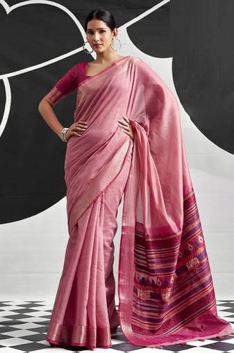 Baby pink soft modal cotton saree with woven pallu saree
