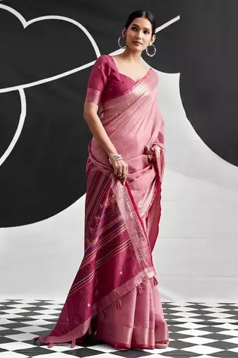 Baby pink soft modal cotton saree with woven pallu saree