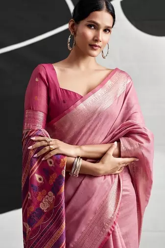 Baby pink soft modal cotton saree with woven pallu saree