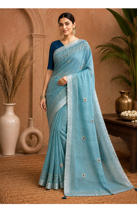 Blue Embroidery Thread And Beats Work Design Fabric Soft Linen Saree With Unstitched Blouse 1