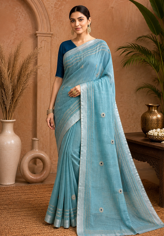 Blue Embroidery Thread And Beats Work Design Fabric Soft Linen Saree With Unstitched Blouse