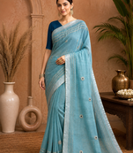 Blue Embroidery Thread And Beats Work Design Fabric Soft Linen Saree With Unstitched Blouse