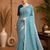 Blue Embroidery Thread And Beats Work Design Fabric Soft Linen Saree With Unstitched Blouse