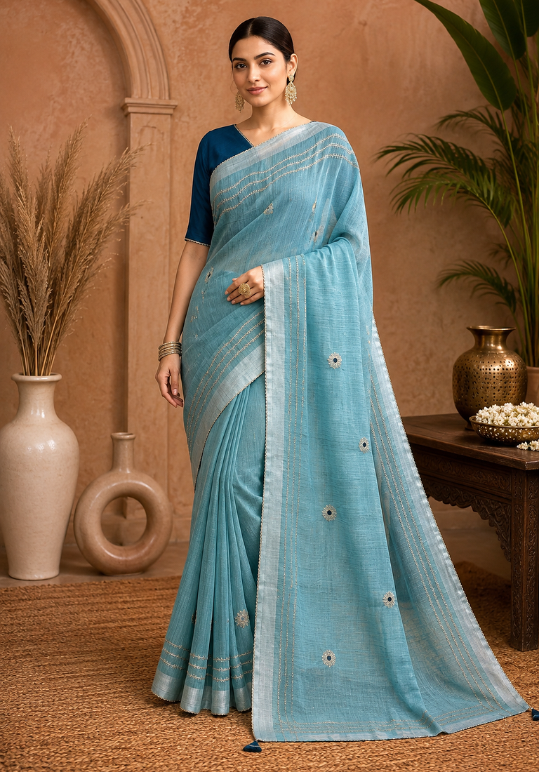 Blue Embroidery Thread And Beats Work Design Fabric Soft Linen Saree With Unstitched Blouse