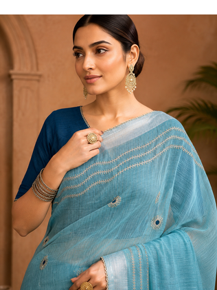 Blue Embroidery Thread And Beats Work Design Fabric Soft Linen Saree With Unstitched Blouse 2