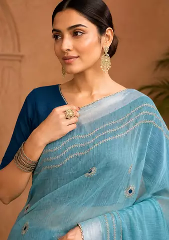 Blue Embroidery Thread And Beats Work Design Fabric Soft Linen Saree With Unstitched Blouse