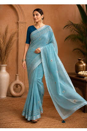 Blue Embroidery Thread And Beats Work Design Fabric Soft Linen Saree With Unstitched Blouse 3