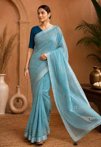 Blue Embroidery Thread And Beats Work Design Fabric Soft Linen Saree With Unstitched Blouse