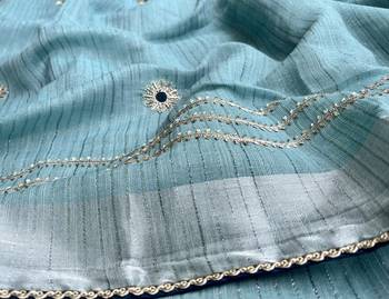 Blue Embroidery Thread And Beats Work Design Fabric Soft Linen Saree With Unstitched Blouse 5