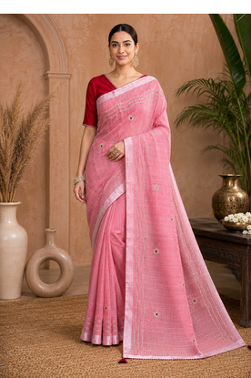Peach Embroidery Thread And Beats Work Design Fabric Soft Linen Saree With Unstitched Blouse 1