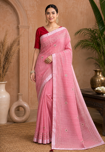Peach Embroidery Thread And Beats Work Design Fabric Soft Linen Saree With Unstitched Blouse