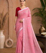 Peach Embroidery Thread And Beats Work Design Fabric Soft Linen Saree With Unstitched Blouse