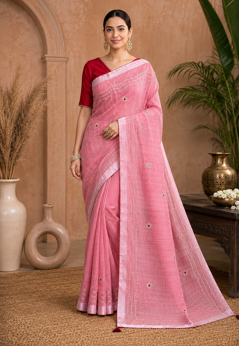 Peach Embroidery Thread And Beats Work Design Fabric Soft Linen Saree With Unstitched Blouse