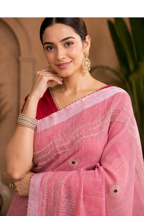 Peach Embroidery Thread And Beats Work Design Fabric Soft Linen Saree With Unstitched Blouse 2