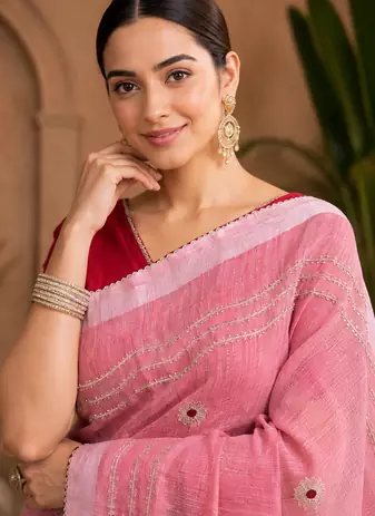 Peach Embroidery Thread And Beats Work Design Fabric Soft Linen Saree With Unstitched Blouse