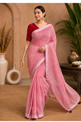 Peach Embroidery Thread And Beats Work Design Fabric Soft Linen Saree With Unstitched Blouse 3