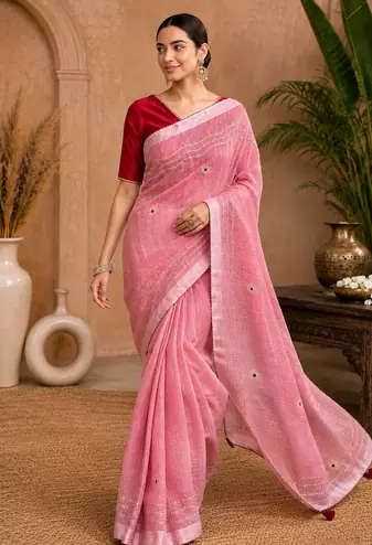Peach Embroidery Thread And Beats Work Design Fabric Soft Linen Saree With Unstitched Blouse