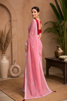 Peach Embroidery Thread And Beats Work Design Fabric Soft Linen Saree With Unstitched Blouse 4