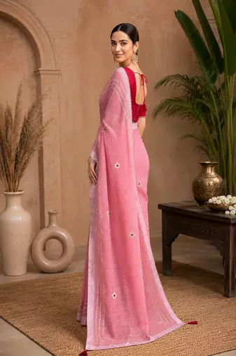 Peach Embroidery Thread And Beats Work Design Fabric Soft Linen Saree With Unstitched Blouse