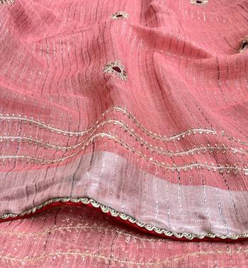 Peach Embroidery Thread And Beats Work Design Fabric Soft Linen Saree With Unstitched Blouse 5