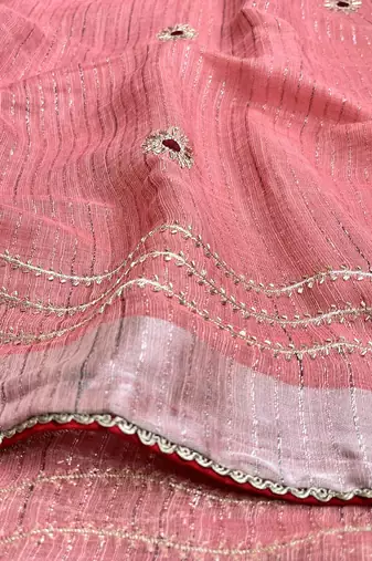 Peach Embroidery Thread And Beats Work Design Fabric Soft Linen Saree With Unstitched Blouse