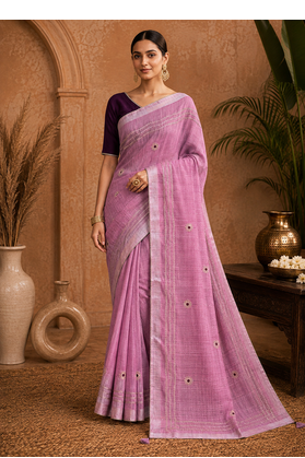 Pink Embroidery Thread And Beats Work Design Fabric Soft Linen Saree With Unstitched Blouse 1