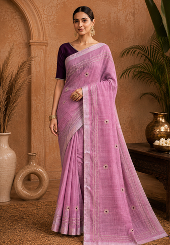 Pink Embroidery Thread And Beats Work Design Fabric Soft Linen Saree With Unstitched Blouse