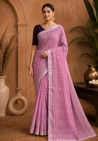 Pink Embroidery Thread And Beats Work Design Fabric Soft Linen Saree With Unstitched Blouse
