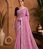 Pink Embroidery Thread And Beats Work Design Fabric Soft Linen Saree With Unstitched Blouse