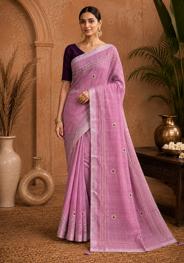Pink Embroidery Thread And Beats Work Design Fabric Soft Linen Saree With Unstitched Blouse