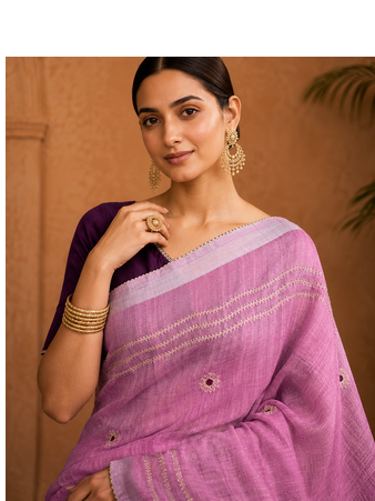 Pink Embroidery Thread And Beats Work Design Fabric Soft Linen Saree With Unstitched Blouse 2