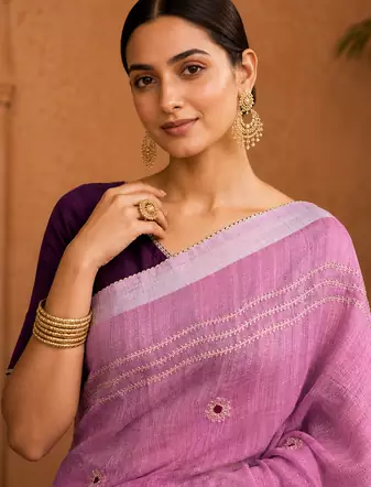 Pink Embroidery Thread And Beats Work Design Fabric Soft Linen Saree With Unstitched Blouse