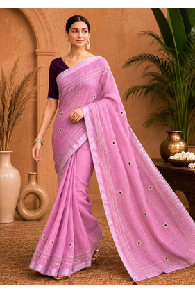 Pink Embroidery Thread And Beats Work Design Fabric Soft Linen Saree With Unstitched Blouse 3