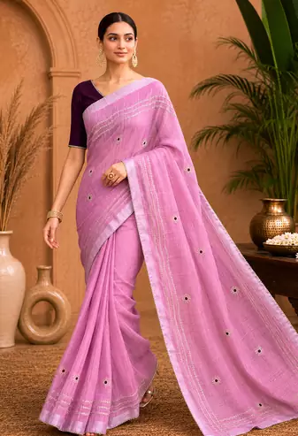 Pink Embroidery Thread And Beats Work Design Fabric Soft Linen Saree With Unstitched Blouse