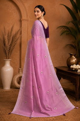 Pink Embroidery Thread And Beats Work Design Fabric Soft Linen Saree With Unstitched Blouse 4